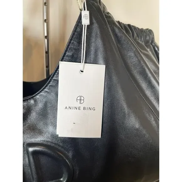 Anine Bing Kate Embossed Large Black Lamb Leather Boho Shoulder Tote - Picture 13 of 15